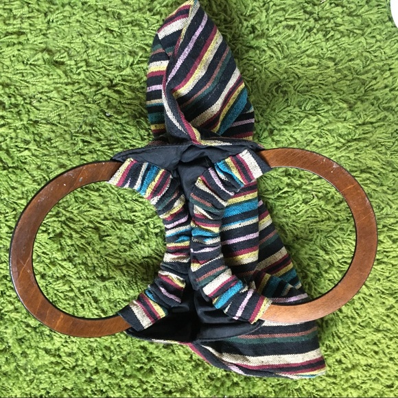 Multicolored woven tweed fabric textured bag canvas style clutch wood handle - Picture 2 of 3